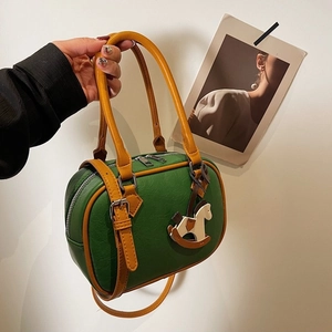 Women Retro PU Leather Boston Shoulder Bag Contrast Color Handbag With Rocking Horse Pendant Minimalist Daily Crossbody Bag