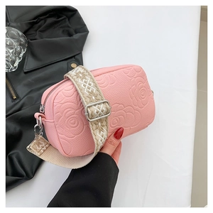 Women Rose Embossed PU Leather Shoulder Bag Trendy Versatile Crossbody Bag With Wide Geometric Pattern Strap Casual Handbag
