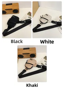 Three-grid display of nylon crossbody bags in black, beige, and khaki with adjustable straps
