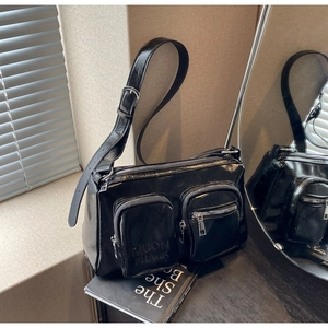 Women Urban Simple PU Leather Crossbody Bag Crinkled Multi Pocket Shoulder Bag Trendy Solid Color Versatile Messenger Bag