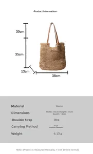Detailed dimension chart for the woven tote bag showing size measurements and specifications