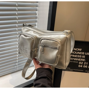 Silver metallic PU leather crossbody bag with MUON SHARK embroidery and twin front pockets
