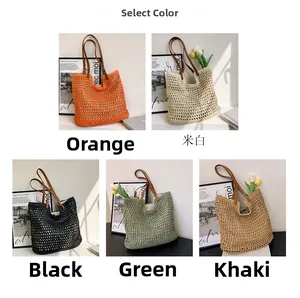 Detailed view of woven tote bags in orange, cream, black, green, and khaki colors