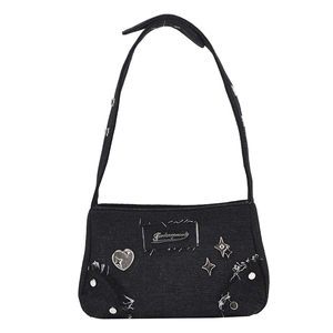Sac bandoulière en denim noir style Y2K avec breloques étoiles et broderie Feeling Lucky