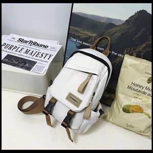 Minimalist white nylon backpack with khaki straps for stylish women’s casual travel wear