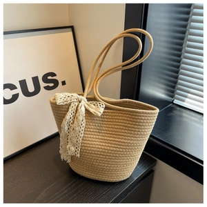 Women Woven Rope Shoulder Bag Large Capacity Handbag With Lace Bow Elegant Casual Beach Tote Bag Urban Minimalist Style