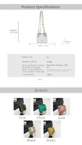 Detailed size chart and multi-color view of mini PU leather crossbody bag with chain strap
