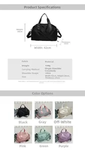 Detailed dimension chart and color guide for a multifunctional nylon travel bag