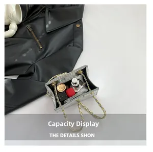 Silver PU leather bag interior showing capacity for lipstick and perfume bottles