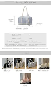 Detailed size chart for the PU leather handbag showing dimensions and available colors