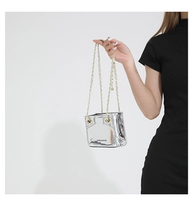 Detail of silver metallic mini bag with mixed gold and silver chain strap for women
