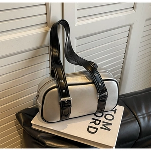 Retro silver metallic PU leather shoulder bag with black decorative straps and buckles