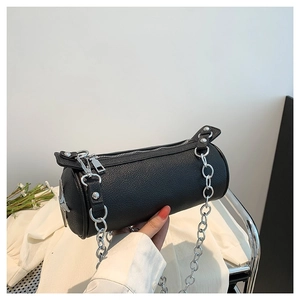Women PU Leather Cylinder Shoulder Bag With Silver Chain Strap Star Decor Minimalist Daily Casual Crossbody Handbag