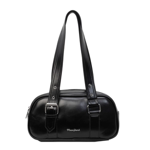 Minimalist black PU leather hobo bag with glossy finish and silver metal buckle details