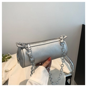 Silver cylindrical PU handbag with metallic texture and chunky chain strap for women