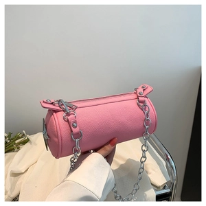 Pink lychee grain faux leather cylinder bucket bag with chunky silver metal chain strap