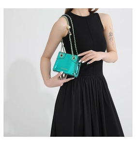 Metallic green mini crossbody bag with gold chain strap shown on model with black dress