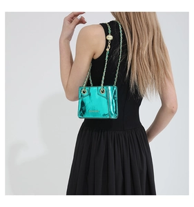 Detail view of mini teal PU crossbody bag with gold chain strap and metallic finish