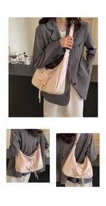 Detail of minimalist beige PU leather crossbody bag featuring a soft bow drawstring design