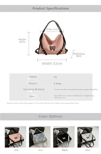 Size chart showing PU leather handbag dimensions with detailed measurements and four colors