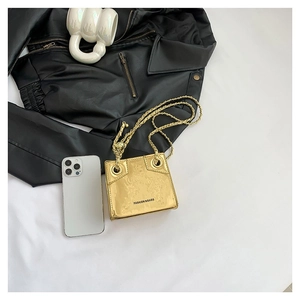 Golden mirror leather mini square bag with metal chain strap and fashion letter print