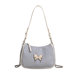 Sac bandoulière en cuir PU bleu-gris clair avec boucle papillon dorée élégante