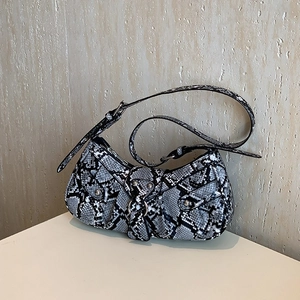 Chic grey snakeskin pattern PU leather shoulder bag with crescent shape and silver hardware