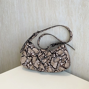 Minimalist snakeskin pattern PU leather shoulder bag with flap and metal buckle