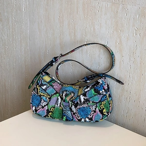 Y2K style colorful snake skin pattern shoulder bag with metallic stud details