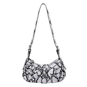 Chic black and white snakeskin PU crescent shoulder bag with silver rivet details