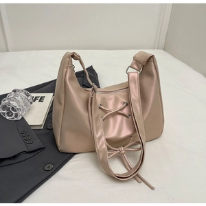 Women Fashion PU Leather Hobo Bag Metallic Cross Strap Bow Shoulder Bag Simple Style Large Capacity Handbag Crossbody Bag
