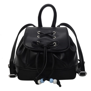Versatile black PU leather mini backpack with drawstring and decorative blue beads for women