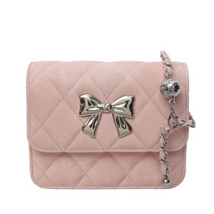 Pink quilted PU leather crossbody bag with silver bow accent and adjustable chain strap