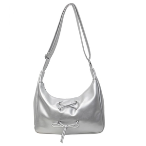 Metallic silver PU leather crescent hobo bag with lace-up detail and adjustable strap