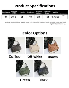 Size guide for vintage PU leather hobo bag showing dimensions and five color options