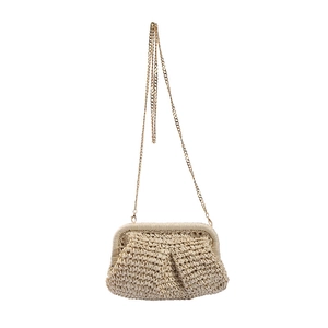 Chic beige woven straw clutch bag with gold chain strap for summer beach fashion wear