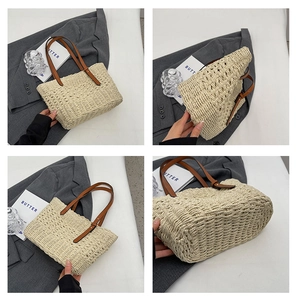 Detailed views of beige straw tote bag with brown handles and woven texture details