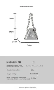 Size guide for a silver triangular PU handbag with embossed logo and chain handle