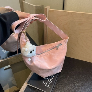 Women Large Capacity Hobo Bag Casual Crescent Shoulder Bag Soft PU Underarm Crossbody Bag With Plush Charm