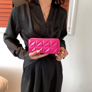 Modern Shiny PU Leather Long Wallet For Women Diamond Quilted Zip Around Clutch Fashion Card Holder Large Capacity Purse