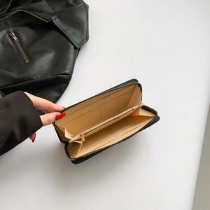 Elegant black PU leather quilted long wallet for women with functional multi-card slots
