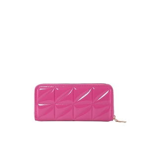 Chic magenta long PU leather wallet with diamond quilted texture and gold zipper closure