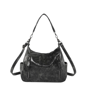 Retro black leather underarm bag for women with multiple zippers and adjustable strap