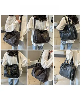 Detailed views of high-capacity British style messenger bag in brown and black faux leather
