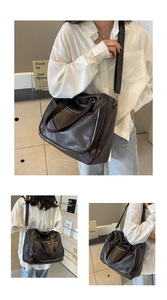 Detailed views of dark brown PU leather messenger bag with silver zippers and adjustable strap