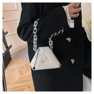 Modern white PU leather geometric pyramid handbag with bold silver metal chain handle