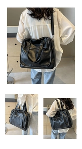 Three-angle view of large black tote bag with silver zippers and textured PU leather