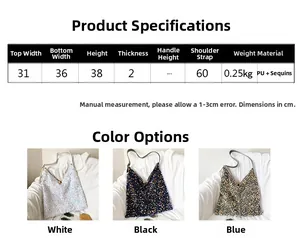 Size chart showing 38cm height sequin tote bag dimensions in white black and blue