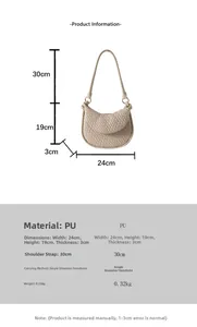Tableau des tailles pour sac bandoulière beige en PU tressé, dimensions 24 cm par 19 cm et 3 cm