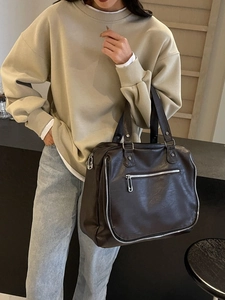 British style dark brown leather messenger tote bag with multiple zippers for women